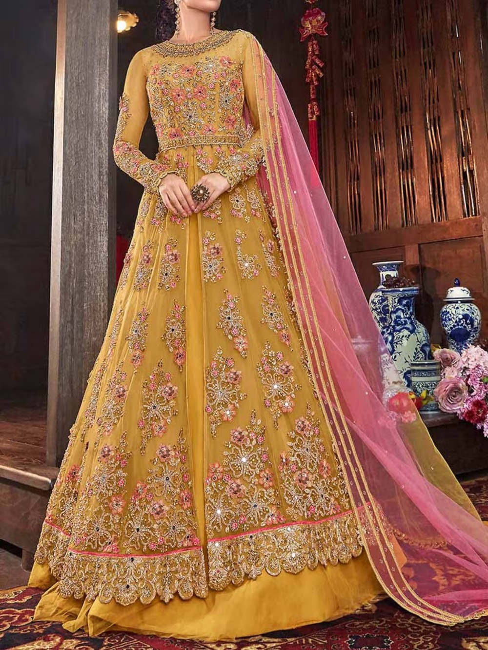 Heavily Embroidered Yellow 3 piece net and zari Floral Anarkali Dress